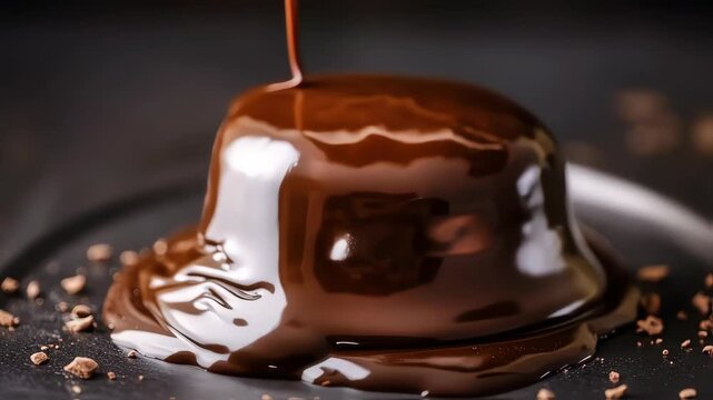 Chocolate lava cake with molten filling oozing out. chocolate lava with pouring chocolate melt