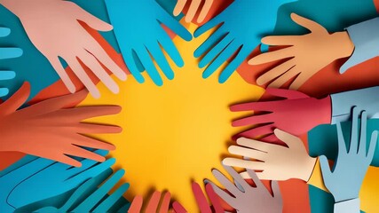 3D paper hands in various colors forming a unity circle - Powered by Adobe