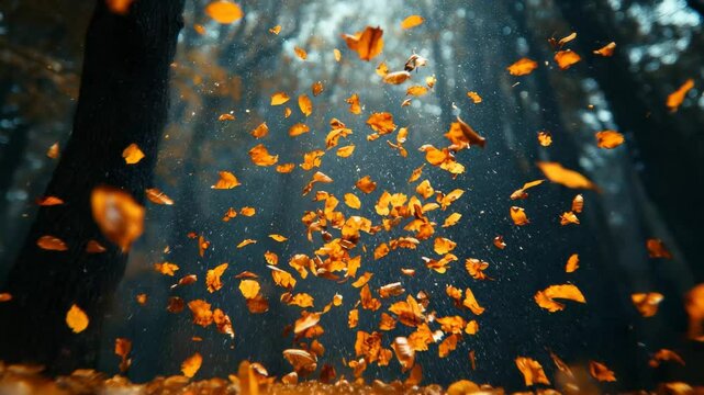 Golden leaves swirl gracefully in the air as they fall to the forest floor, creating a mesmerizing display against the backdrop of towering trees. Gentle rays of sunlight pierce through the canopy, il