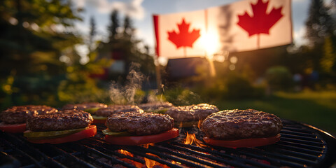 Canada Day Backyard BBQ Grilling Burgers at Sunset, Canadian Flag, Summer Party, Food. Canada Day, Backyard BBQ