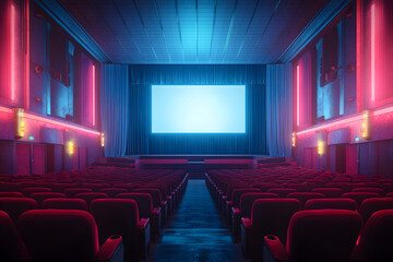 Empty movie theater with red seats, blue curtains, and a bright screen