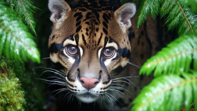 A rare clouded leopard peers through lush jungle foliage, its eyes full of alert curiosity. Concept of endangered species and the mystery of the wild.