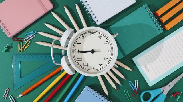 Back to School concept in Stop Motion. alarm clock with moving hands spins in Stopmotion, with school supplies on green background. school time, study breaks, and shopping for school essentials