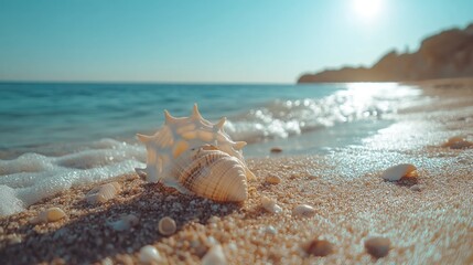 Seashell resting on sandy beach at ocean's edge.