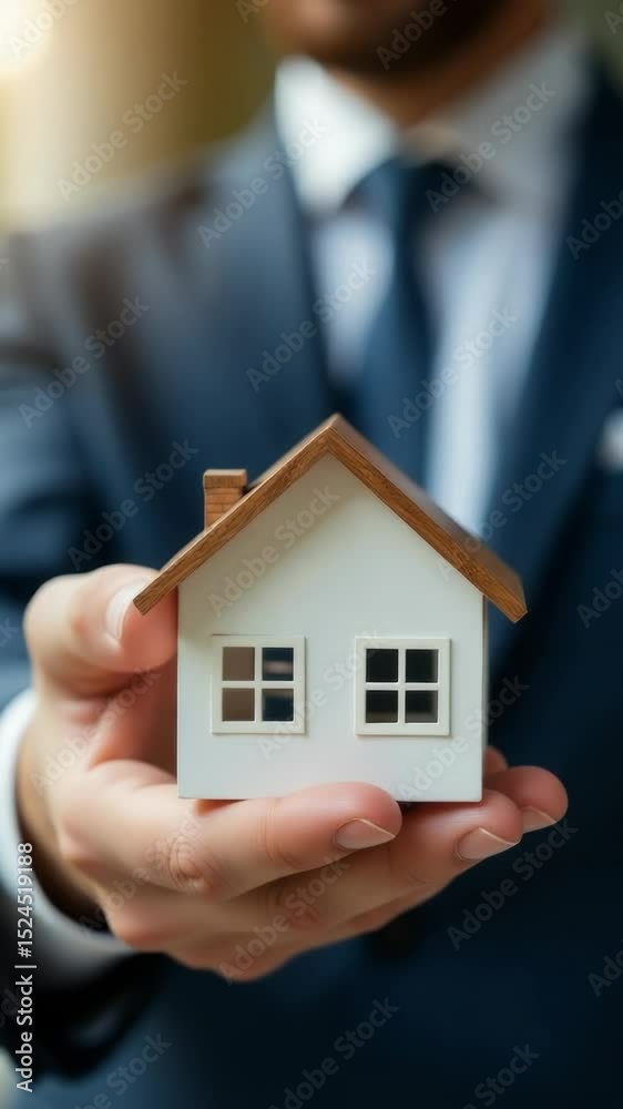 Poster a man in a business attire holds a scale model of a house, possibly for real estate or architecture 