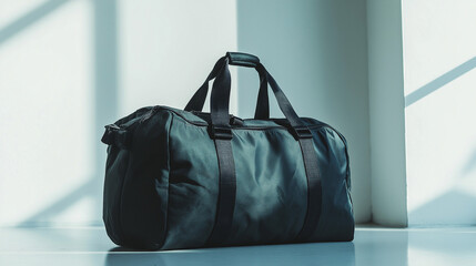 A durable green gym bag with multiple compartments and a shoulder strap, isolated on a white background.
