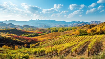 Obraz premium Vineyards in Helan Mountain, Ningxia, rows of grape vines with mountains in the background and blue sky, 8k, vivid colors, tranquility, natural beauty 