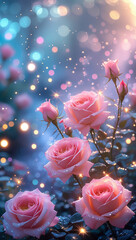 Soft Pink Roses in a Sparkling Fantasy Garden