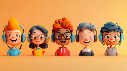 3d illustration of cartoon customer service team characters with various expressions and headset in row against light background for playful business communication concept