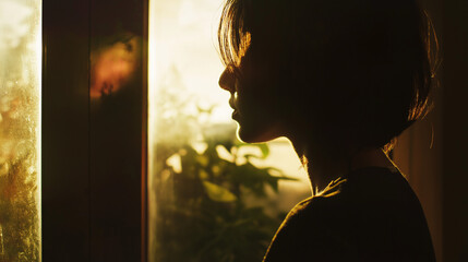 Silhouette of a girl with short hair gazing out a window in the morning, as soft tree shadows filter through the glass.
