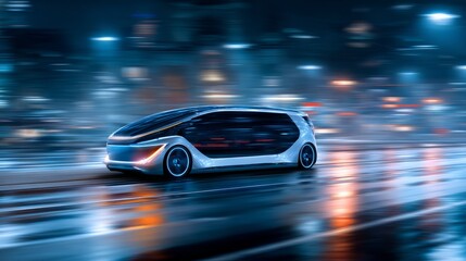 Futuristic vehicle gliding through city lights, embodying speed and urban innovation
