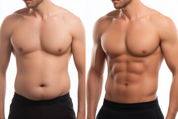 Before and after male body transformation showing weight loss and muscle gain – fitness progress comparison on white background for health, workout, or personal training concepts