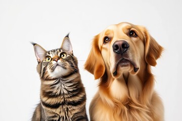Maine coon cat and golden retriever dog gazing upward against a clean white background, creating a heartwarming scene filled with cuteness and the essence of companionship