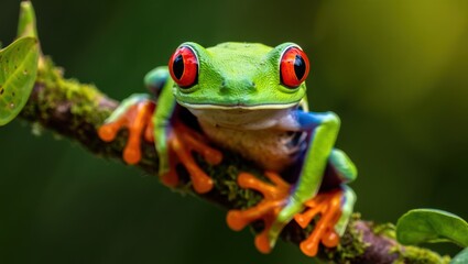 Naklejka premium Red eyed tree frog perched on a mossy branch within its lush rainforest habitat, displaying a stunning array of vibrant green, red, and blue hues amidst the tropical foliage