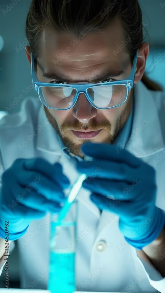 Fototapete man in a lab coat and goggles conducting an experiment, possibly researching or testing something