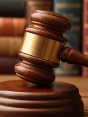 Close up of wooden gavel resting on sound block, with blurred law books providing context in background, representing legal system, justice, and court decisions