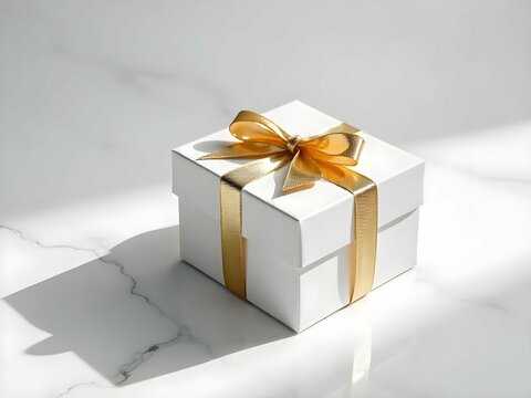 Beautifully wrapped gift product display elegant box with ribbon, placed on clean surface with soft shadows seasonal or minimalist theme, space for text