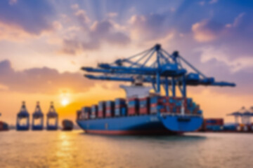 Blurry photo Container ship and loading and unloading port with cranes industrial forwarding import export international worldwide, sunset, blurry port wallpaper.