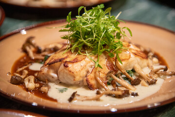 Fresh fish with scalloped potatoes and microgreens
