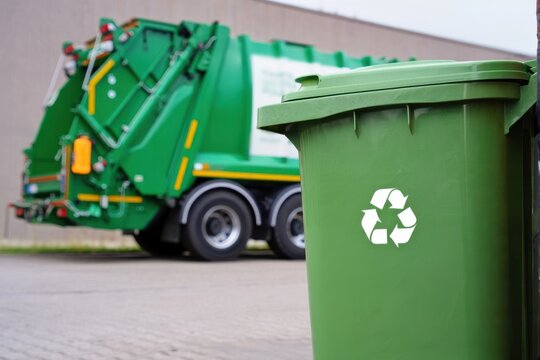 Green garbage truck collecting recycled waste in a green wheelie bin with recycle symbol, sustainable waste management and garbage disposal industry concept