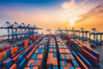 Blurry photo Container ship and loading and unloading port with cranes industrial forwarding import export international worldwide, sunset, blurry port wallpaper.