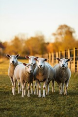 Obraz premium Five sheep are standing in a grassy field, with trees and a fence in the background, illuminated by the warm golden light of the setting sun during the autumn season