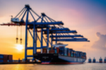 Obraz premium Blurry photo Container ship and loading and unloading port with cranes industrial forwarding import export international worldwide, sunset, blurry port wallpaper.