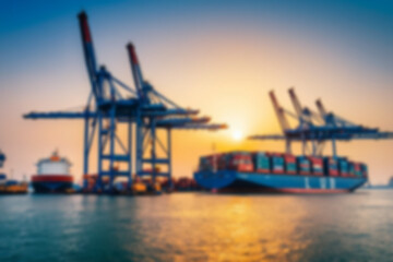 Obraz premium Blurry photo Container ship and loading and unloading port with cranes industrial forwarding import export international worldwide, sunset, blurry port wallpaper.