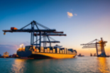 Blurry photo Container ship and loading and unloading port with cranes industrial forwarding import export international worldwide, sunset, blurry port wallpaper.