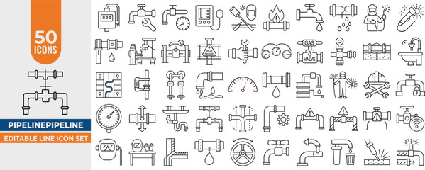 Editable Plumbing & Pipeline Icons – 50 Vector Line Icons for Water, Gas, Oil, Welding, and System Maintenance