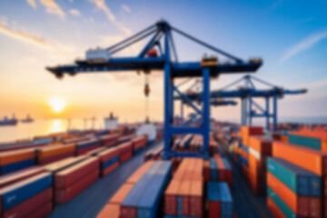 Blurry photo Container ship and loading and unloading port with cranes industrial forwarding import export international worldwide, sunset, blurry port wallpaper.