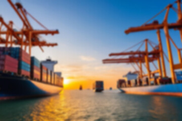 Obraz premium Blurry photo Container ship and loading and unloading port with cranes industrial forwarding import export international worldwide, sunset, blurry port wallpaper.