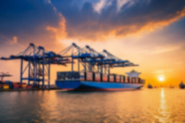 Blurry photo Container ship and loading and unloading port with cranes industrial forwarding import export international worldwide, sunset, blurry port wallpaper.
