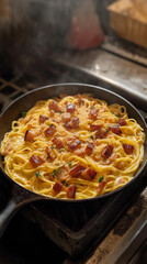 Pasta with pork belly vertical