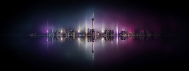 Naklejka premium Futuristic shanghai skyline reflecting at night with light trails