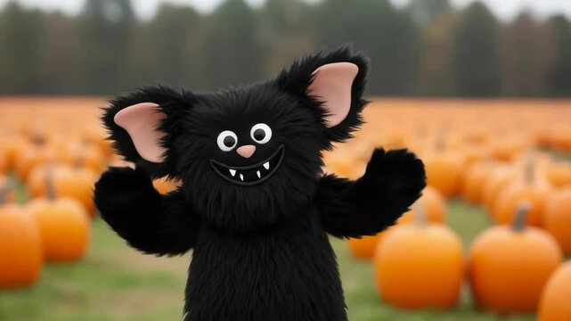 Black furry monster with big ears and white fangs stands in a pumpkin patch. Halloween spooky creature in autumn field footage.