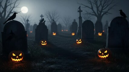 Jack o lantern light path in a misty dark cemetery. Spooky halloween concept for celebration and ghost stories footage.