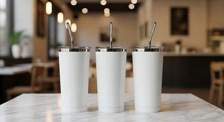 Three Blank White Tumblers on Marble Table, Ready for Customization