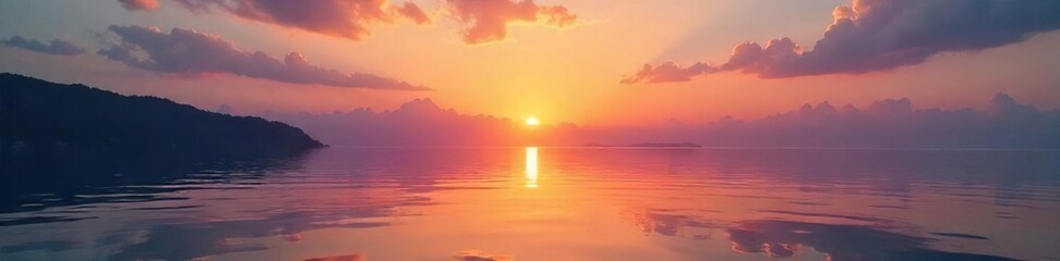 Serene sunset over calm water, reflecting a peaceful sky Perfect for relaxation and tranquility themes Ideal for meditation, spa, wellness, and travel websites , serenity, landscape, calm