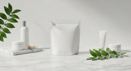 Elegant Minimalist Cosmetic Packaging Mockup White Bottles, Jars, and Pouches on Marble