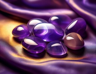  Ametrin-Trommelsteine auf violettem Stoff mit goldenem Licht