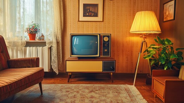 Nostalgic living room tableau featuring retro furniture and a classic television set