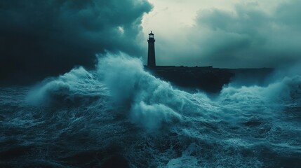 Lighthouse amidst a tempestuous sea, waves crashing under a stormy sky