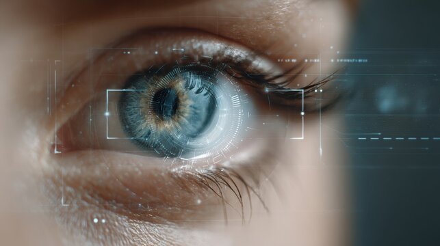 A detailed view of a human eye showcasing advanced biometric scanning technology. The eye features digital enhancements, indicating modern applications in security and identification