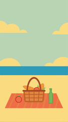 Cartoon illustration of a picnic basket on the beach with a sunny sky
