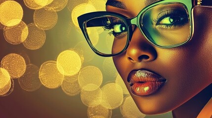 Elegant woman portrait with stylish glasses against a bokeh backdrop