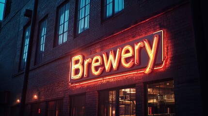Neon sign of a brewery illuminates the night on a brick building facade