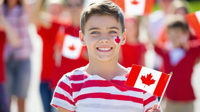 Smiling boy with Canadian flag face paint and small flag in hand wearing red striped shirt, outdoor gathering, Canada Day, national pride, patriotic children’s celebration