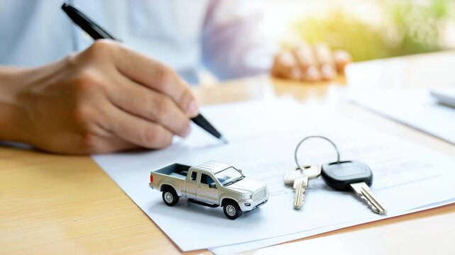 Person signing car purchase or rental agreement with car keys and miniature vehicle on desk for automotive transaction, dealership, finance, or vehicle ownership documentation scene