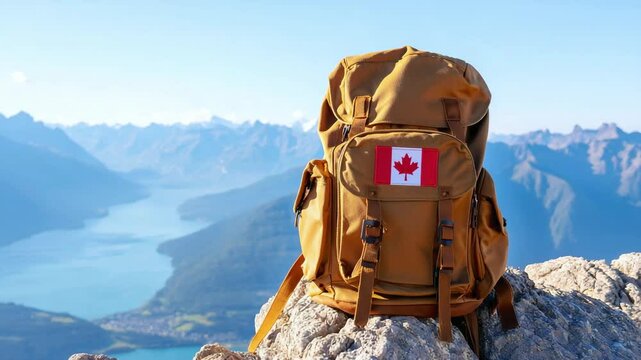 Backpack with Canadian flag patch on mountain summit overlooking scenic lake and peaks for Canada Day celebration, national pride, travel, or outdoor adventure design